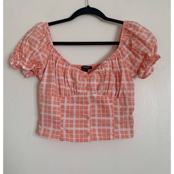 Pink Forever 21 Grid Print Puff Sleeve Crop Top S - Picture 2 of 5